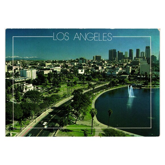 Vintage Los Angeles Postcard Featuring MacArthur Park Skyline City Roadway - Picture 1 of 2